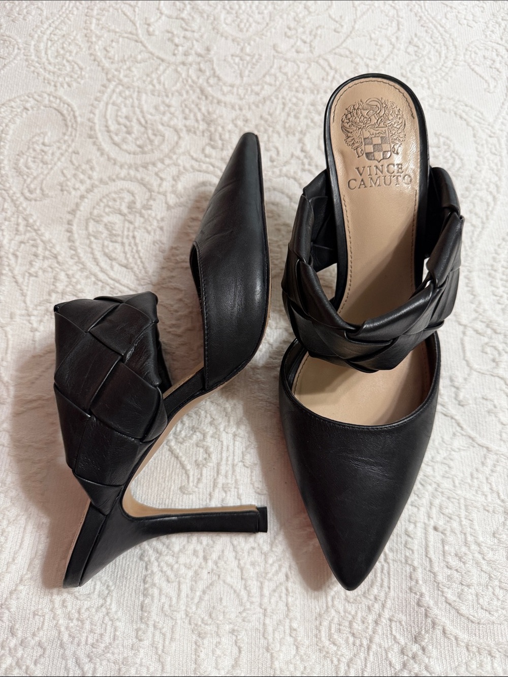 Vince Camuto Black Braided-Strap Pointed Mule Heels Size 8.5M